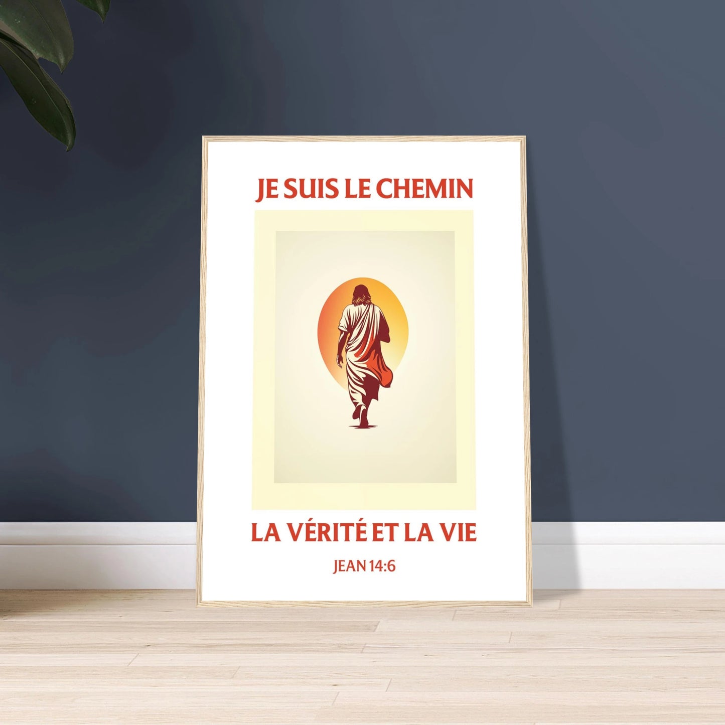 Poster chrétien premium encadré « Jean 14:6 » plan rapproché A1 cadre bois