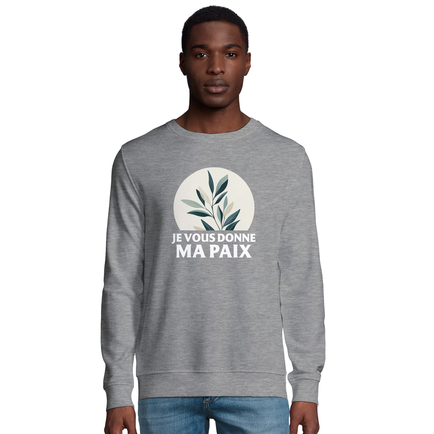 Sweat-shirt chrétien homme en coton bio « Jean 14:27 » gris chiné face