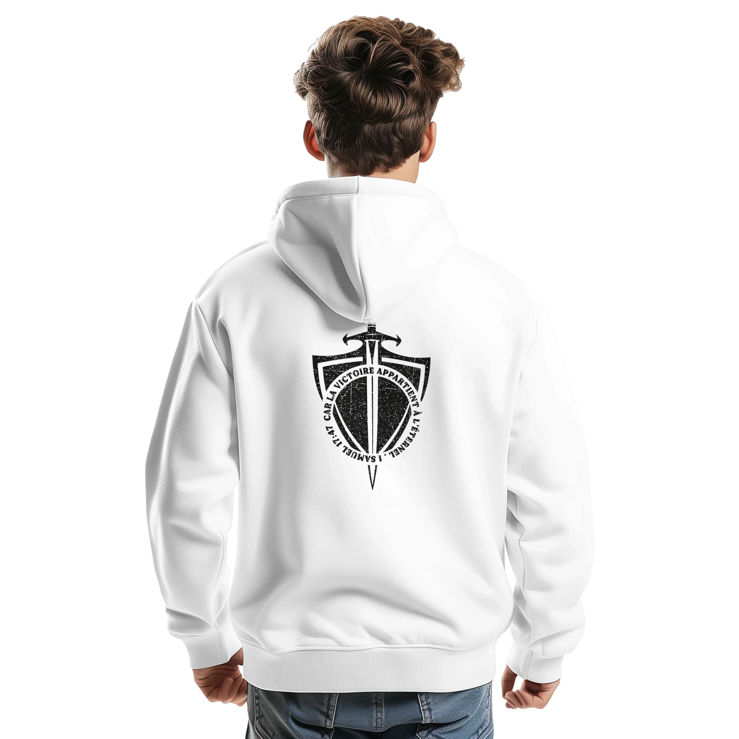 Sweat à capuche chrétien homme « 1 Samuel 17:47 » blanc dos