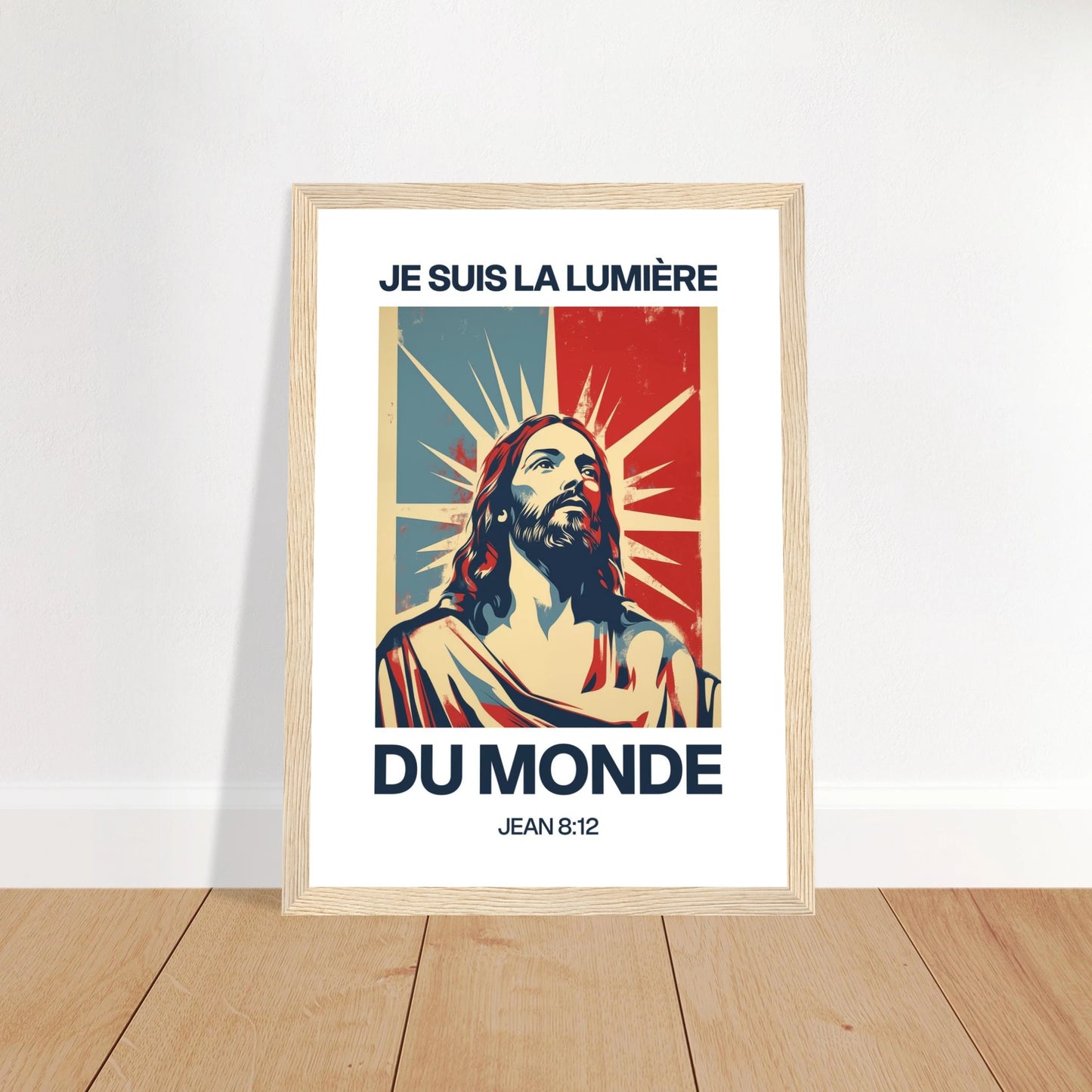 Poster chrétien premium encadré « Jean 8:12 » plan rapproché A4 cadre bois