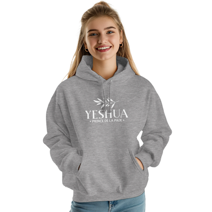 Sweat à capuche chrétien femme « Yeshua Prince de la Paix » gris chiné face