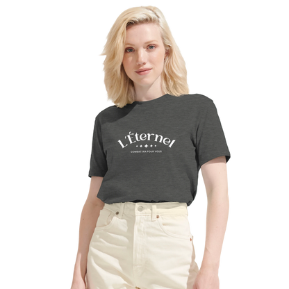T-shirt chrétien femme en coton bio « Deutéronome 3:22 » gris chiné face