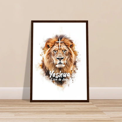 Poster chrétien premium encadré « Yeshua Lion de Juda » plan rapproché A3 cadre bois foncé