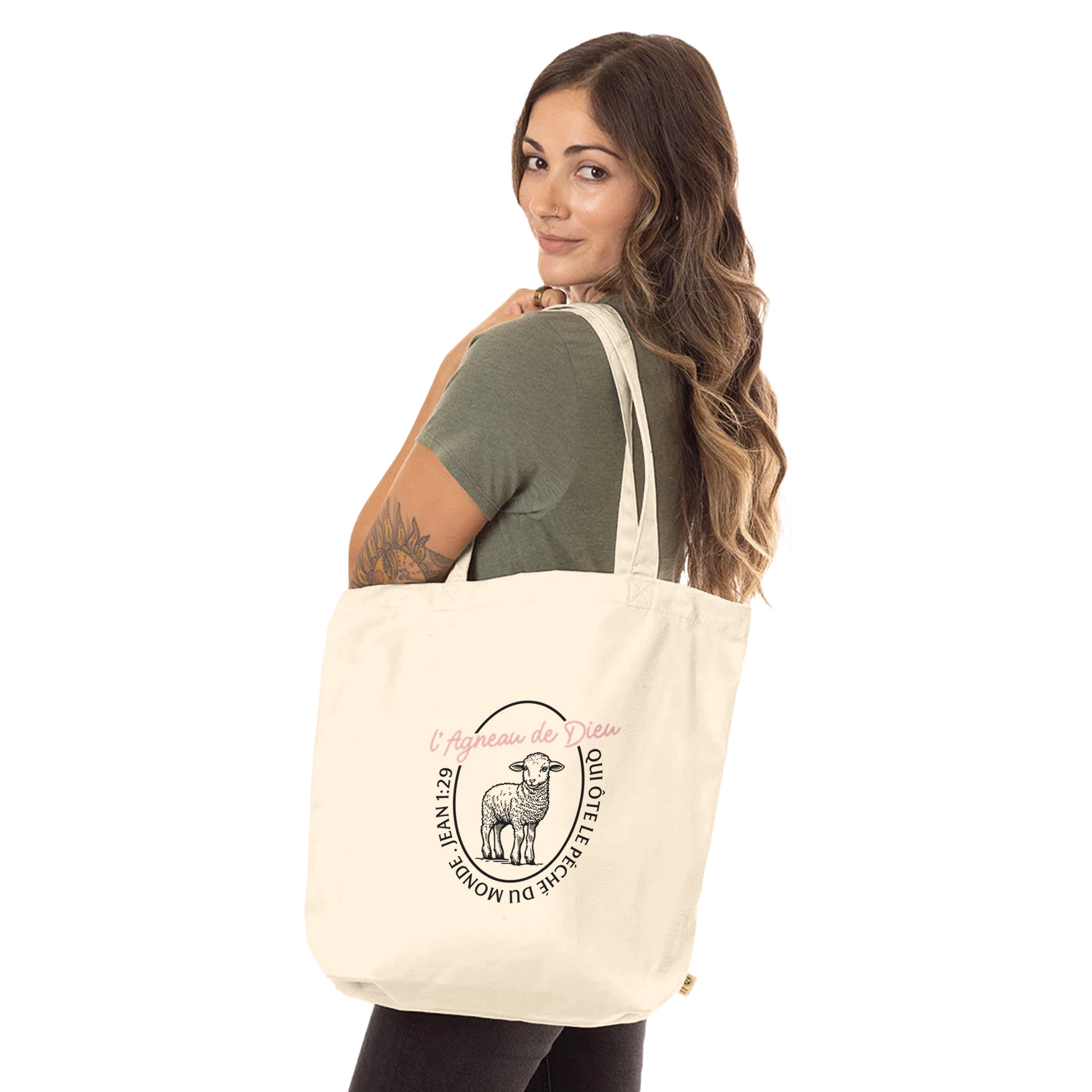 Tote bag chrétien en coton bio « Jean 1:29 » présentation