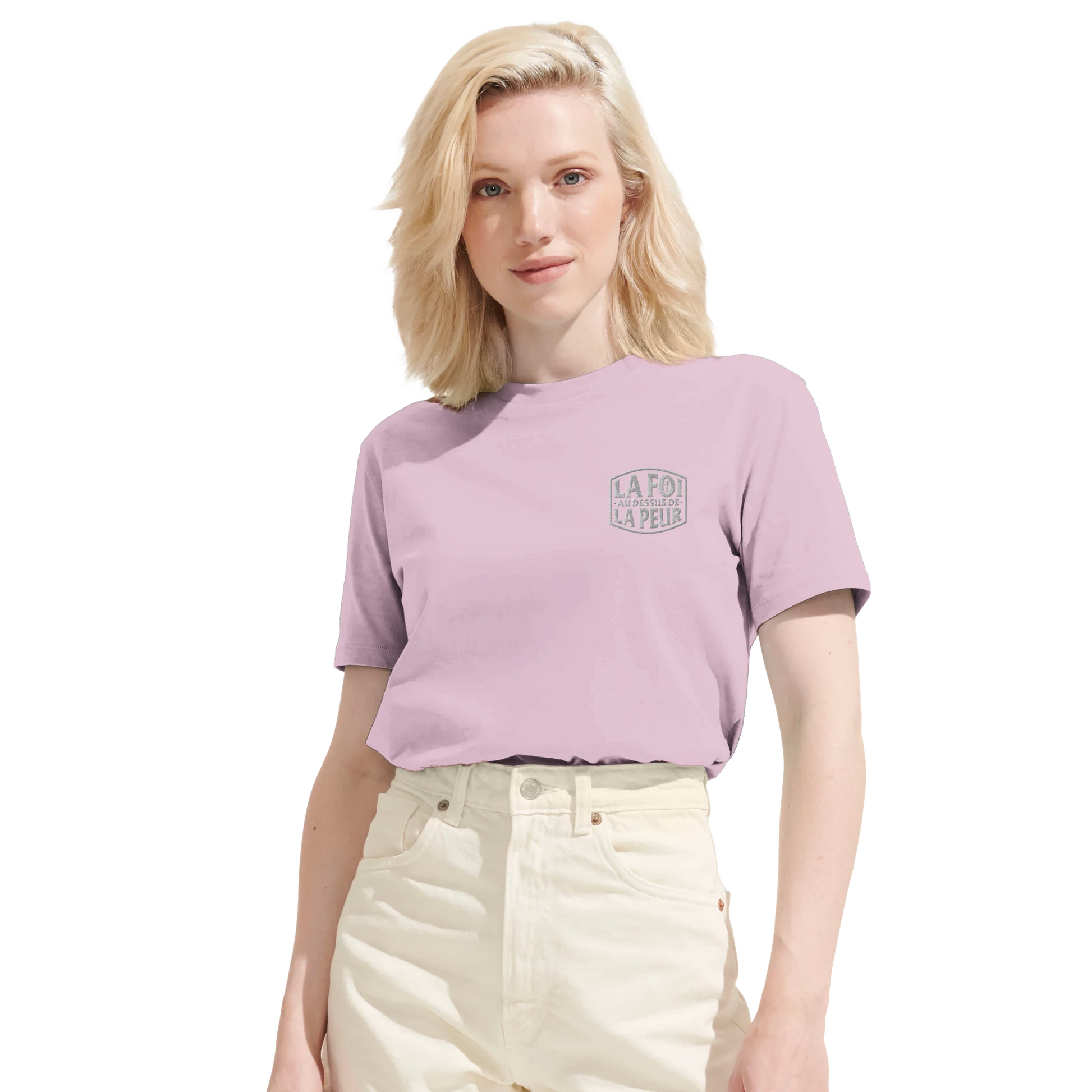 T-shirt chrétien femme brodé en coton bio « 2 Timothée 1:7 » rose face
