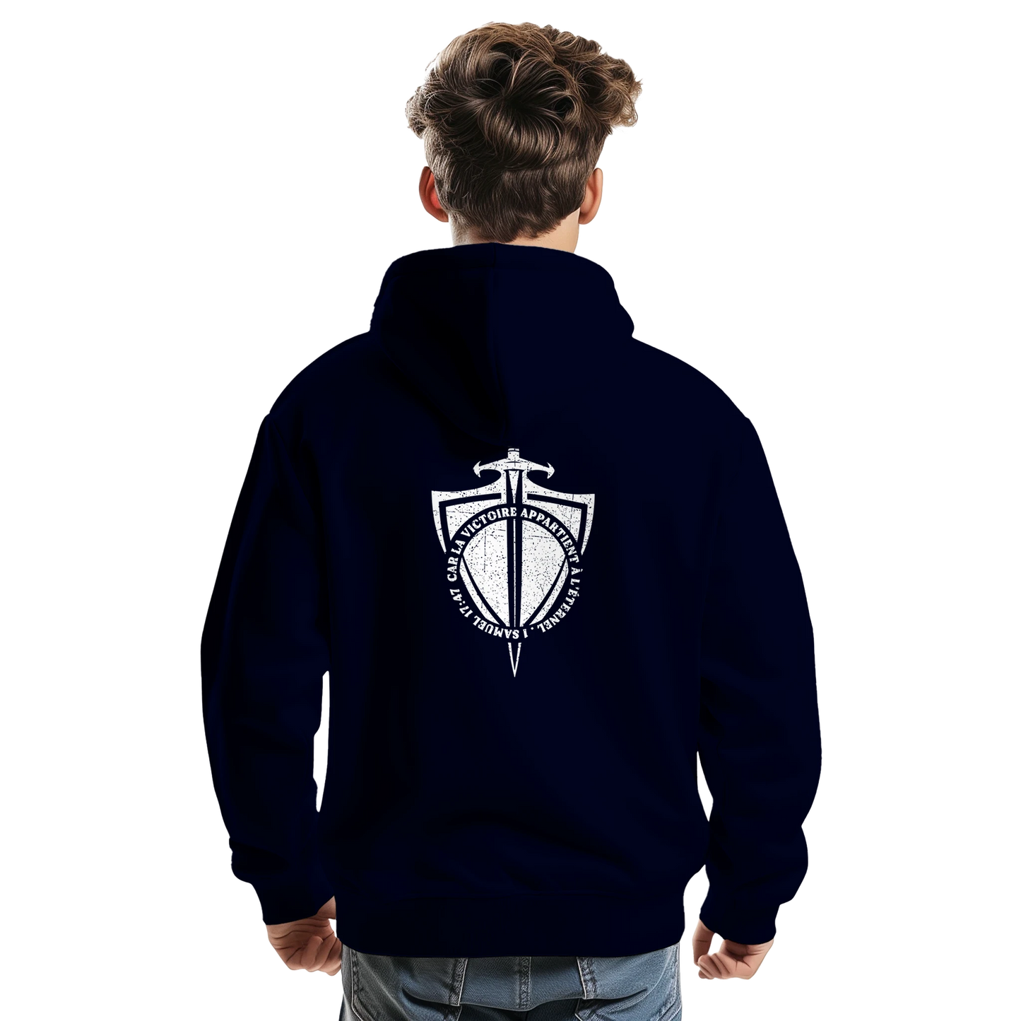 Sweat à capuche chrétien homme « 1 Samuel 17:47 » bleu marine dos