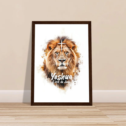 Poster chrétien premium encadré « Yeshua Lion de Juda » plan rapproché A4 cadre bois foncé
