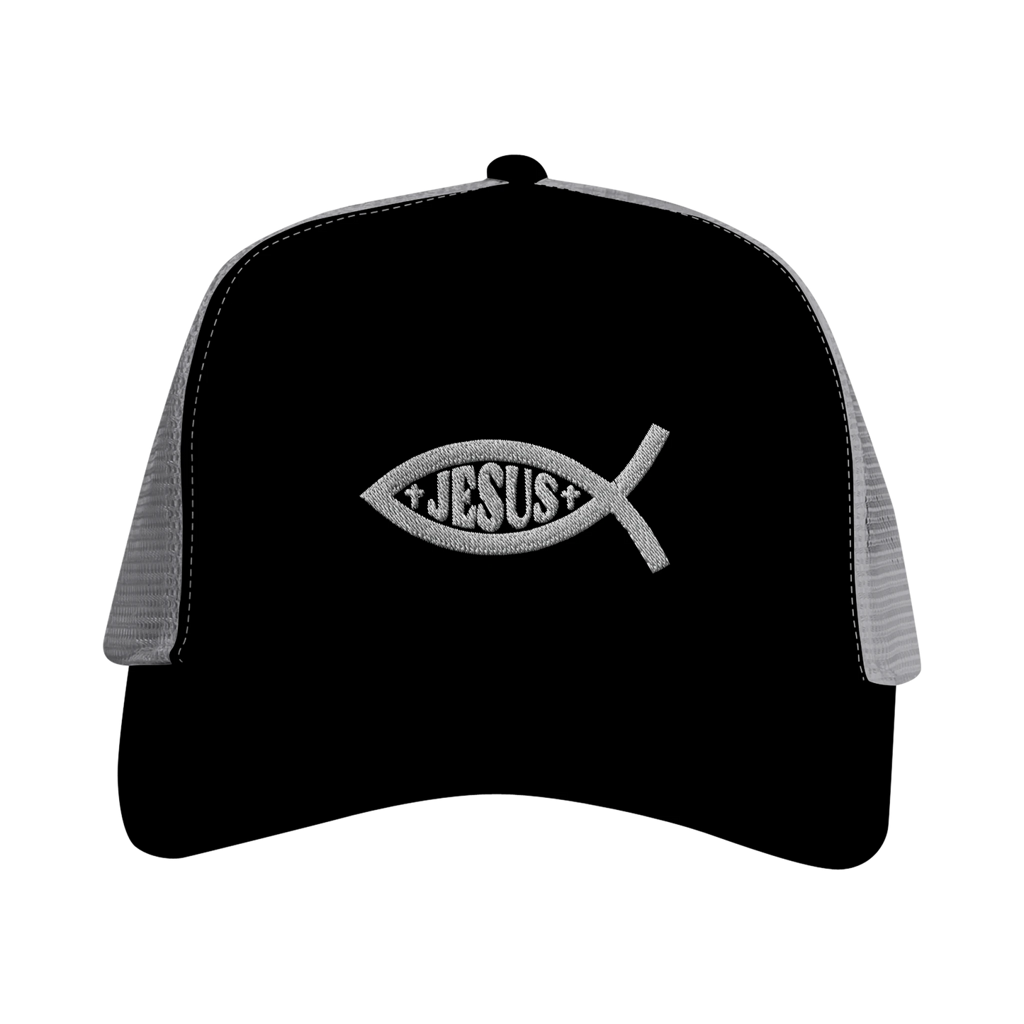 Casquette chrétienne Trucker Snapback « Ichthus » Noir et grise face avant
