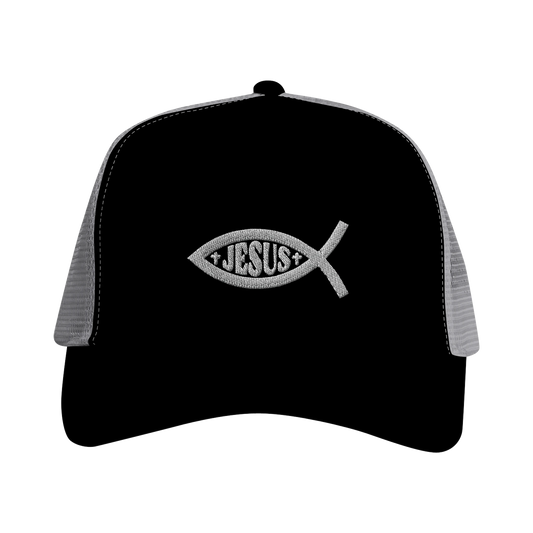 Casquette chrétienne Trucker Snapback « Ichthus » Noir et grise face avant
