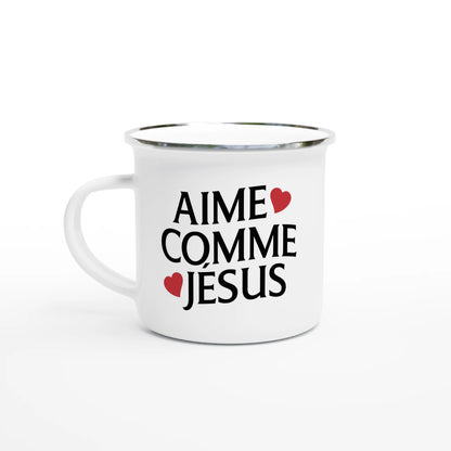 Mug chrétien en émail « Aime comme Jésus » présentation