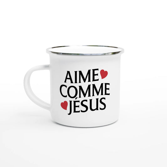 Mug chrétien en émail « Aime comme Jésus » présentation