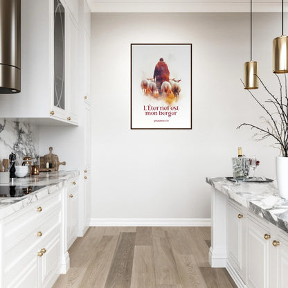 Poster chrétien premium encadré « Psaume 23:1 » cuisine A1 cadre bois foncé