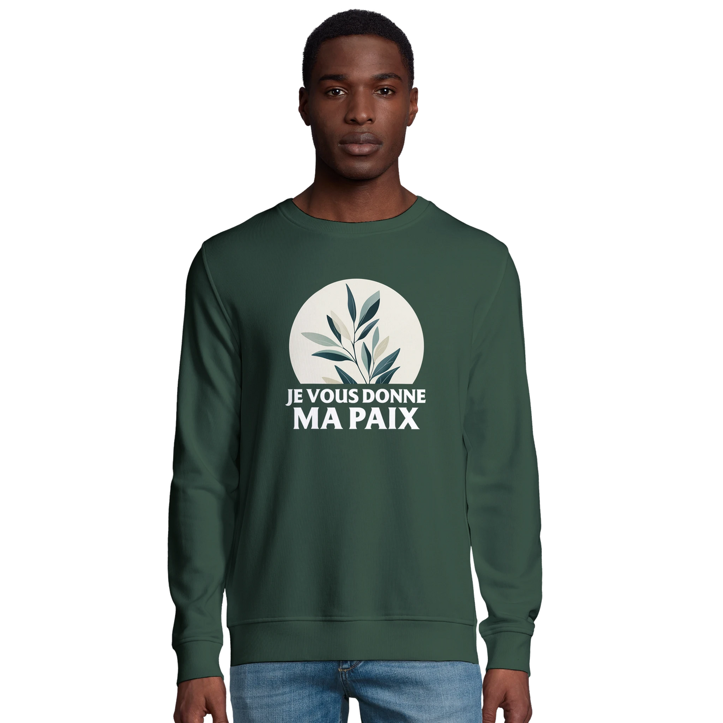 Sweat-shirt chrétien homme en coton bio « Jean 14:27 » vert bouteille face
