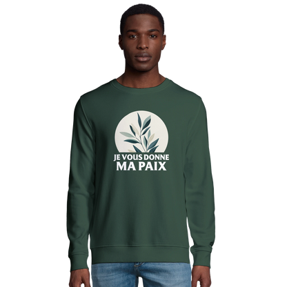 Sweat-shirt chrétien homme en coton bio « Jean 14:27 » vert bouteille face