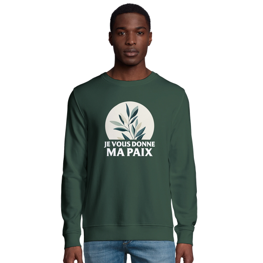 Sweat-shirt chrétien homme en coton bio « Jean 14:27 » vert bouteille face