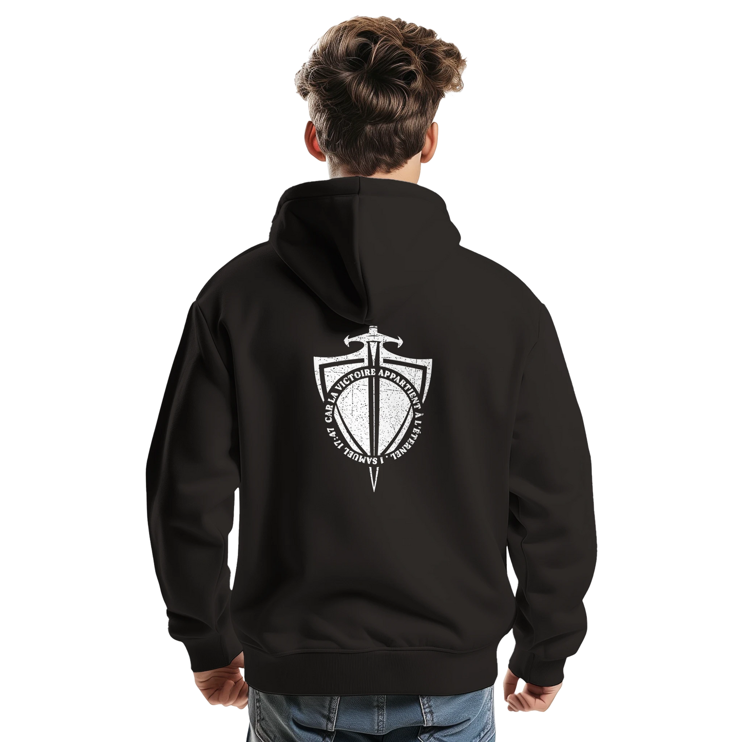 Sweat à capuche chrétien homme « 1 Samuel 17:47 » noir dos