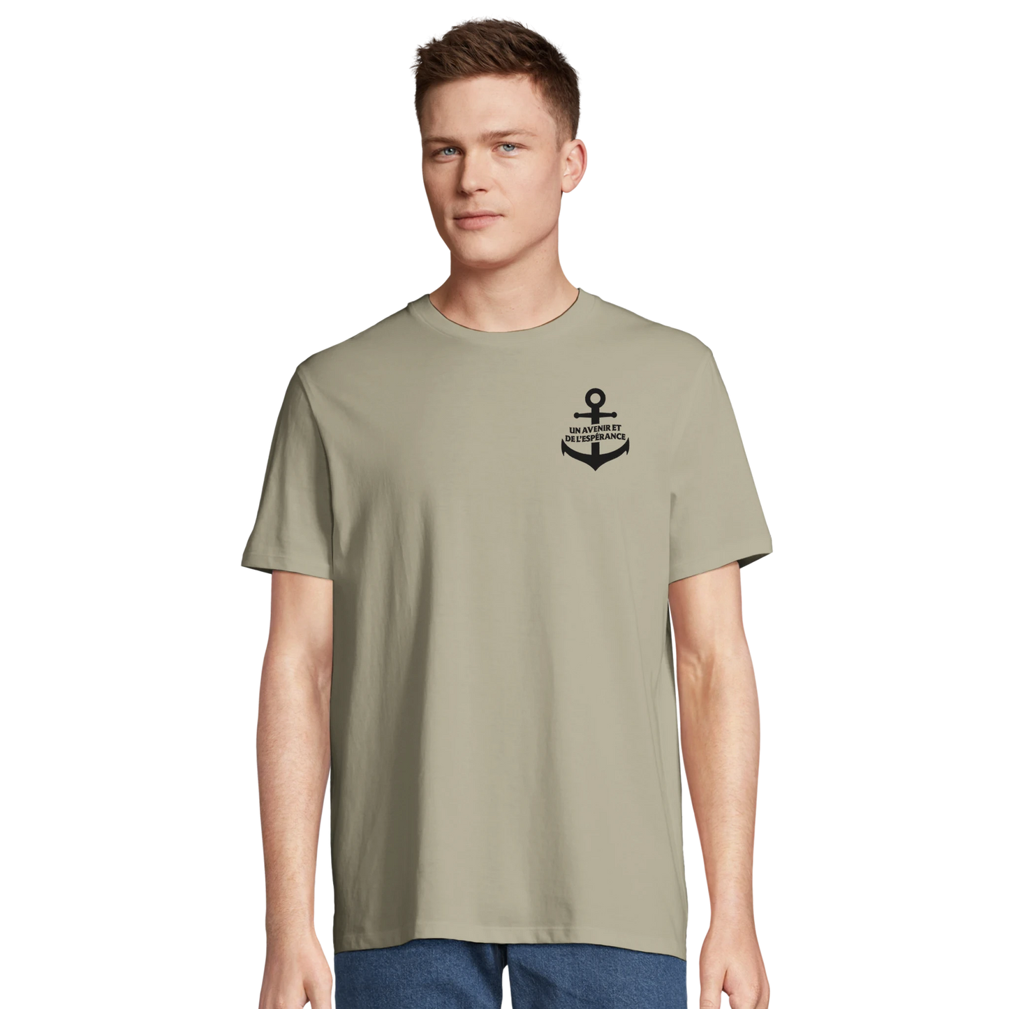 T-shirt chrétien homme brodé en coton bio « Jérémie 29:11 » beige face