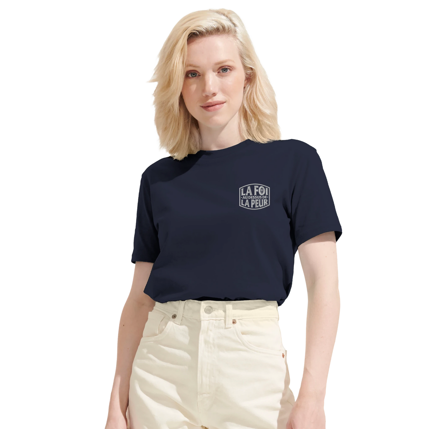 T-shirt chrétien femme brodé en coton bio « 2 Timothée 1:7 » bleu marine face