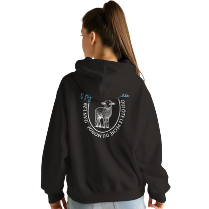 Sweat à capuche chrétien femme « Jean 1:29 » noir dos