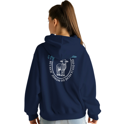 Sweat à capuche chrétien femme « Jean 1:29 » bleu marine dos