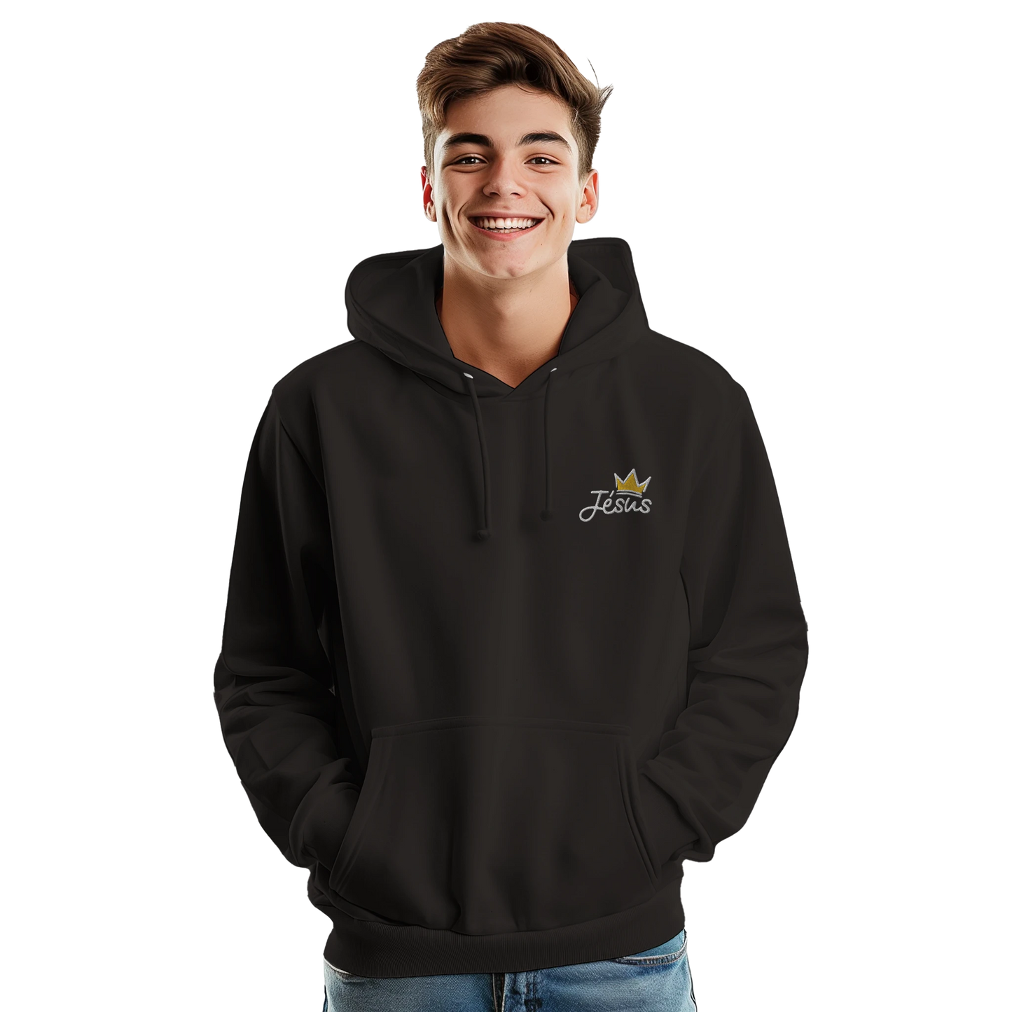 Sweat à capuche chrétien homme brodé « Jésus est Roi » noir face