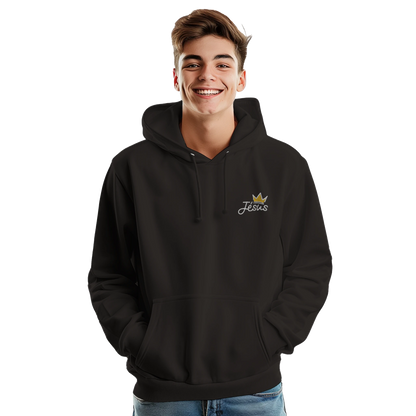 Sweat à capuche chrétien homme brodé « Jésus est Roi » noir face