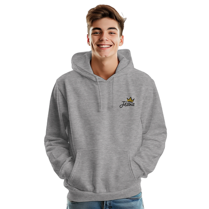 Sweat à capuche chrétien homme brodé « Jésus est Roi » gris chiné face
