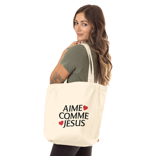 Tote bag chrétien en coton bio « Aime comme Jésus » présentation