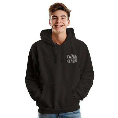 Sweat à capuche chrétien homme brodé « 2 Timothée 1:7 » noir face