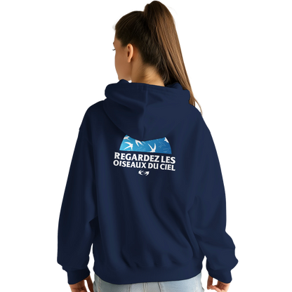 Sweat à capuche chrétien femme « Matthieu 6:26 » bleu marine dos