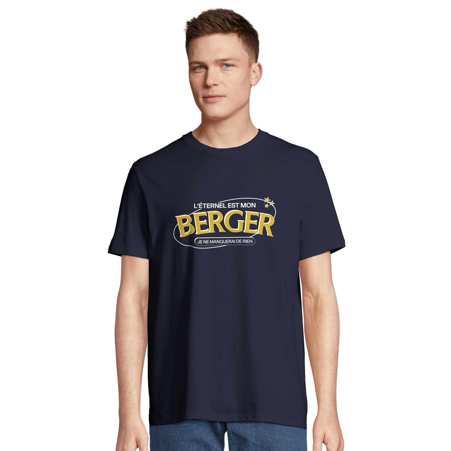 T-shirt chrétien homme en coton bio « Psaume 23:1 » bleu marine face