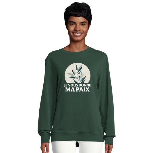 Sweat-shirt chrétien femme en coton bio « Jean 14:27 » vert bouteille face