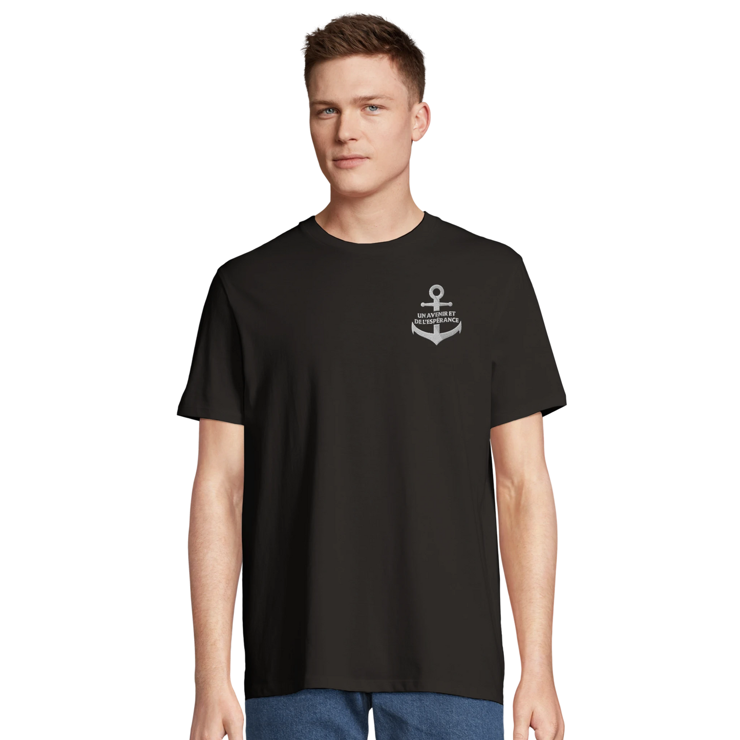 T-shirt chrétien homme brodé en coton bio « Jérémie 29:11 » noir face