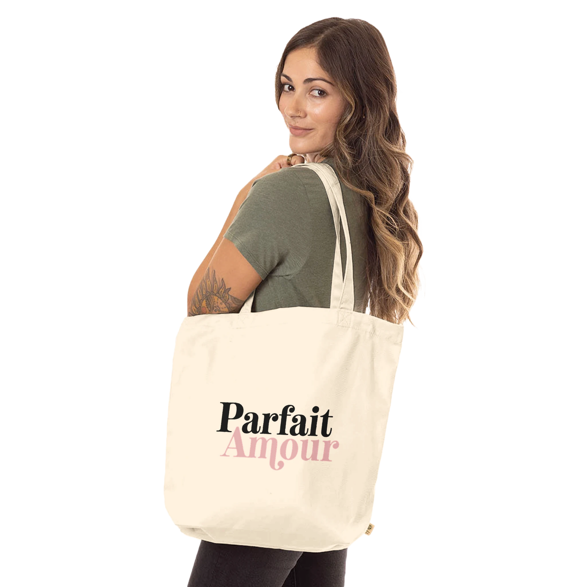 Tote bag chrétien en coton bio « Parfait Amour » présentation