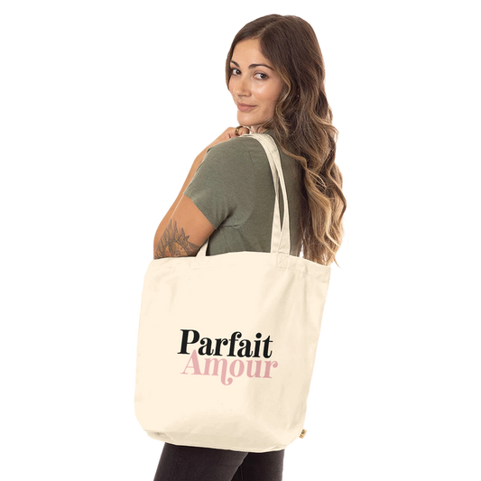 Tote bag chrétien en coton bio « Parfait Amour » présentation