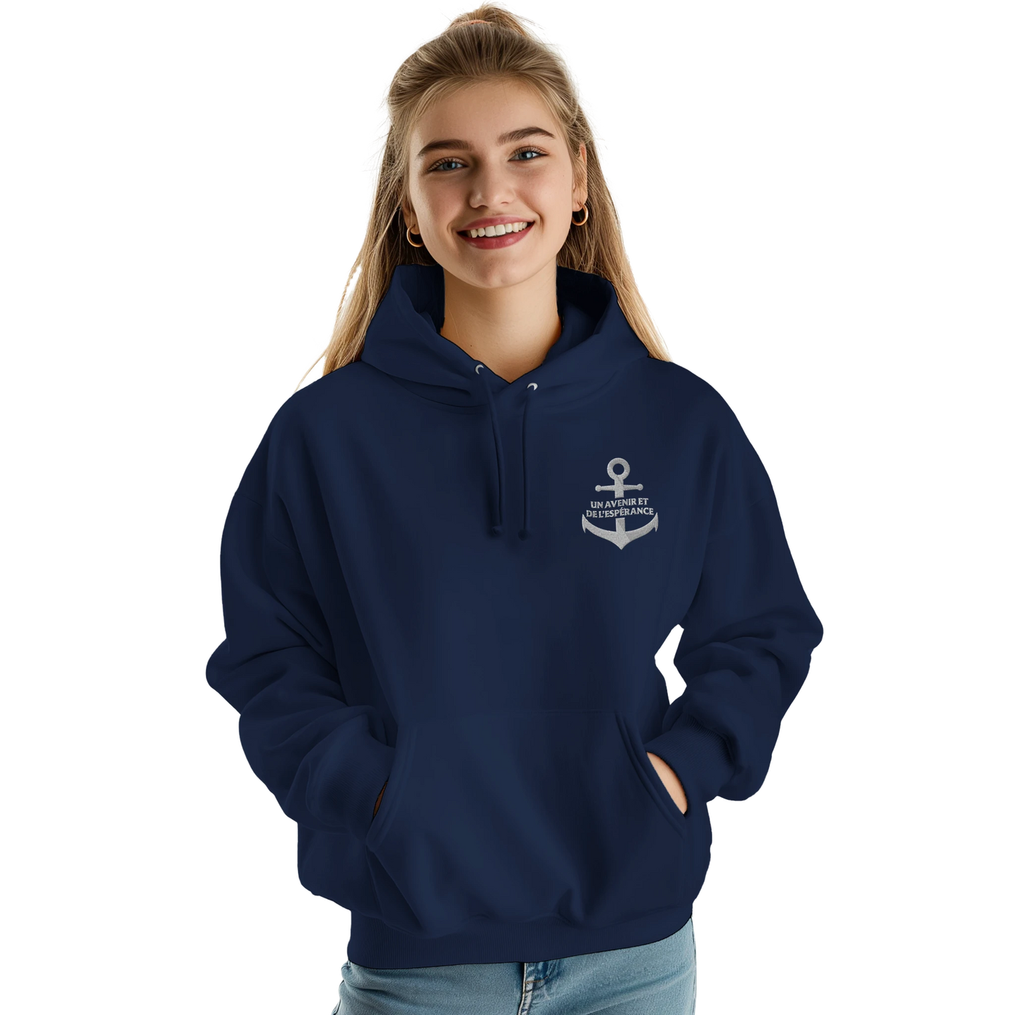 Sweat à capuche chrétien femme brodé « Jérémie 29:11 » bleu marine face