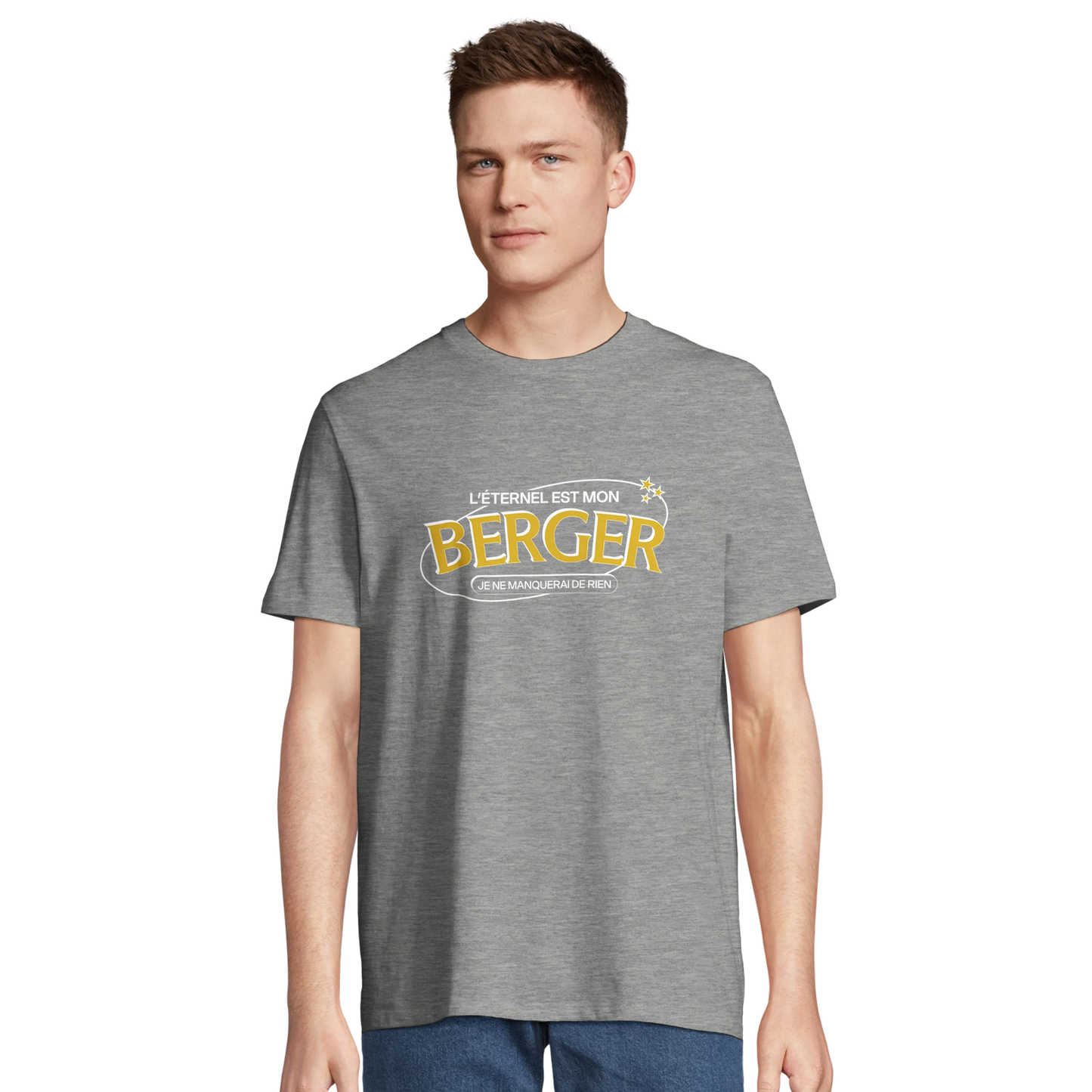 T-shirt chrétien homme en coton bio « Psaume 23:1 » gris chiné face