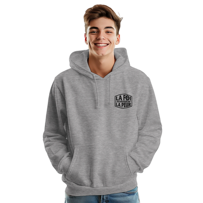 Sweat à capuche chrétien homme brodé « 2 Timothée 1:7 » gris chiné face