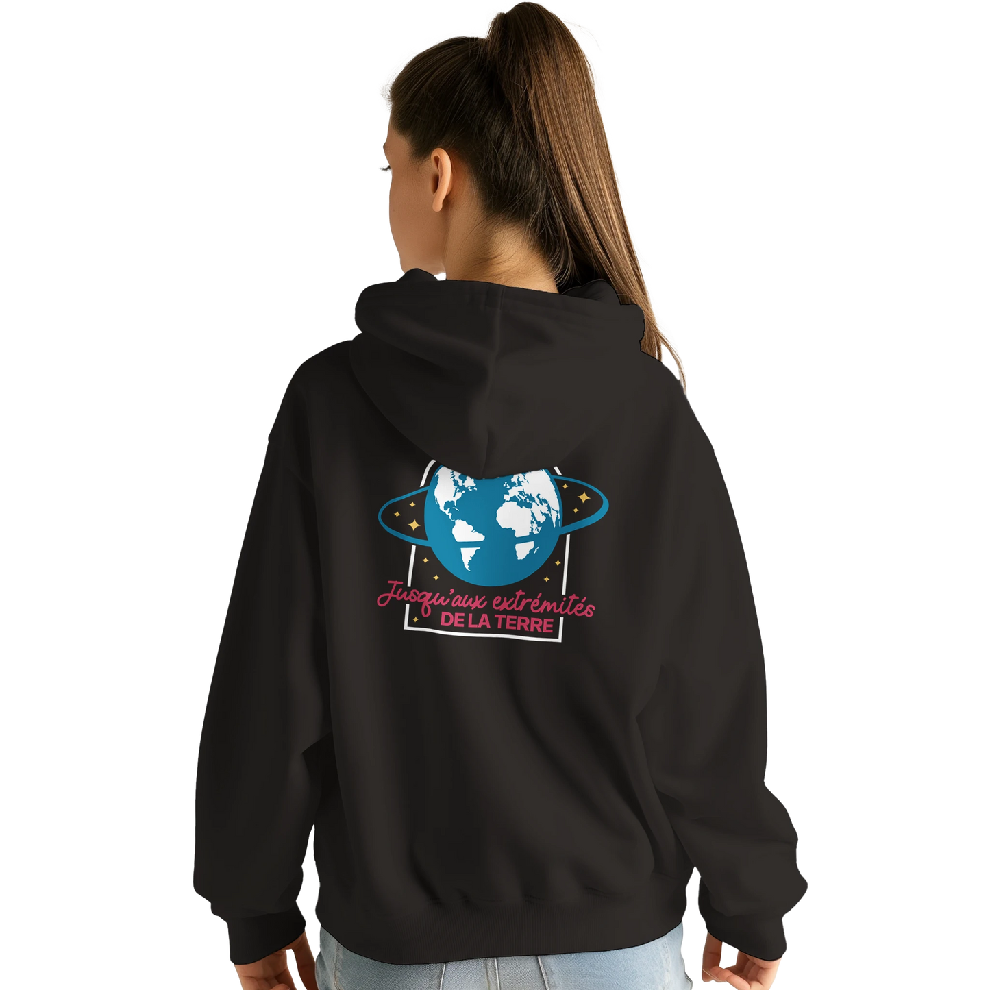 Sweat à capuche chrétien femme « Actes 1:8 » noir dos