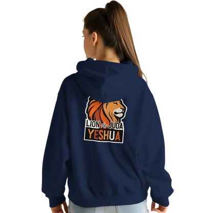 Sweat à capuche chrétien femme « Yeshua Lion de Juda » bleu marine dos