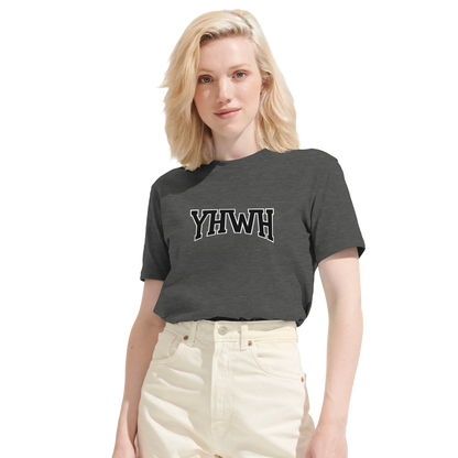 T-shirt chrétien femme en coton bio « YHWH » gris chiné face