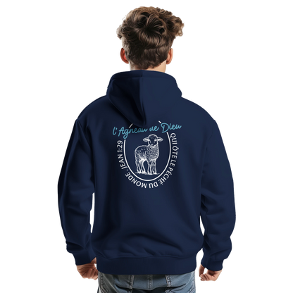 Sweat à capuche chrétien homme « Jean 1:29 » bleu marine dos