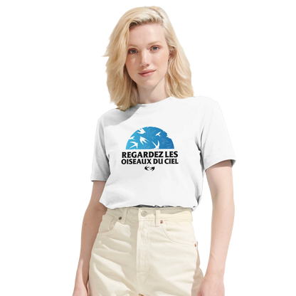 T-shirt chrétien femme en coton bio « Matthieu 6:26 » blanc face