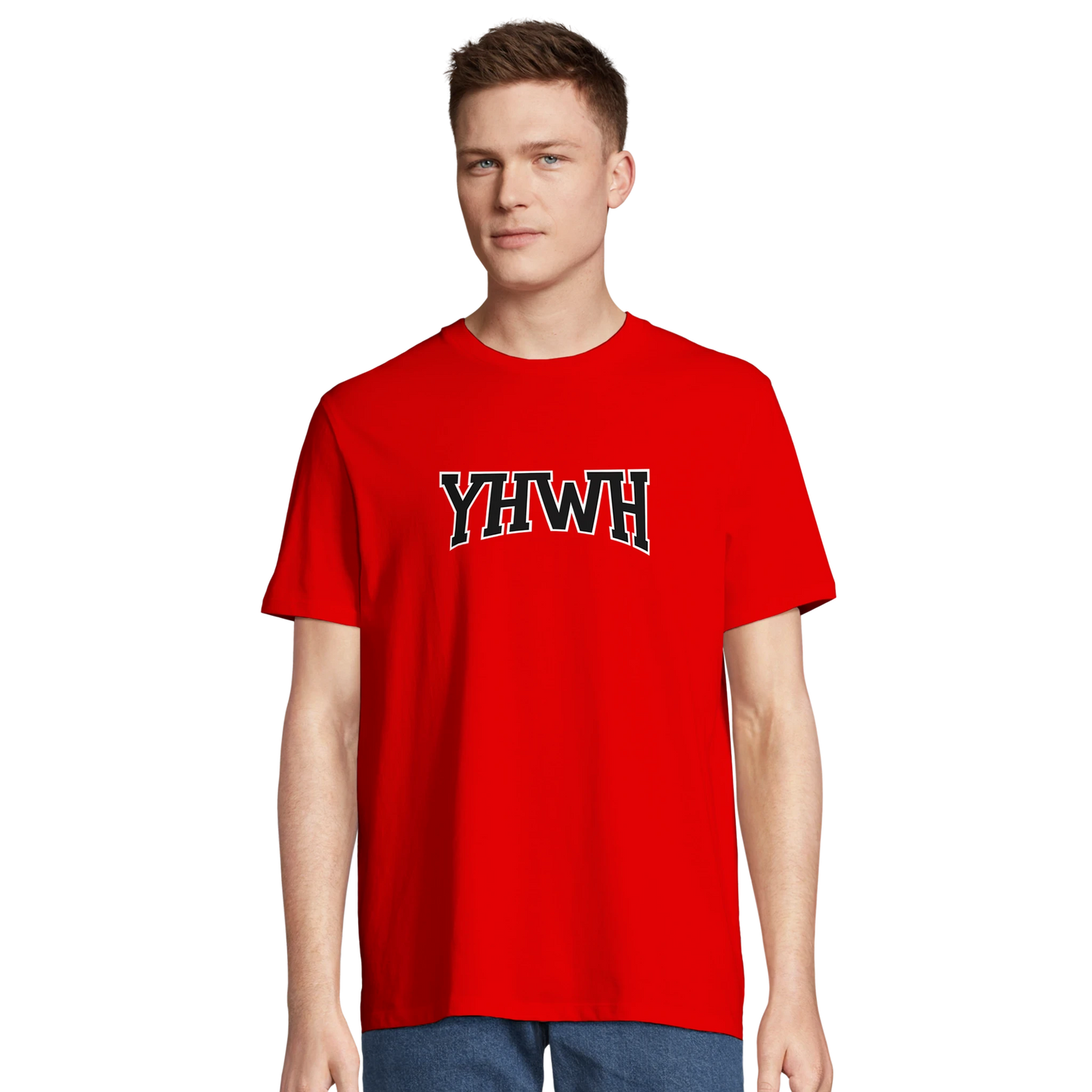 T-shirt chrétien homme en coton bio « YHWH » rouge face
