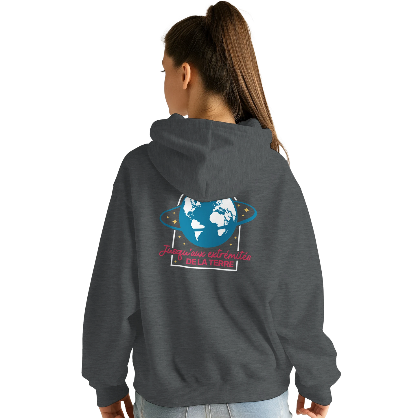 Sweat à capuche chrétien femme « Actes 1:8 » charbon dos