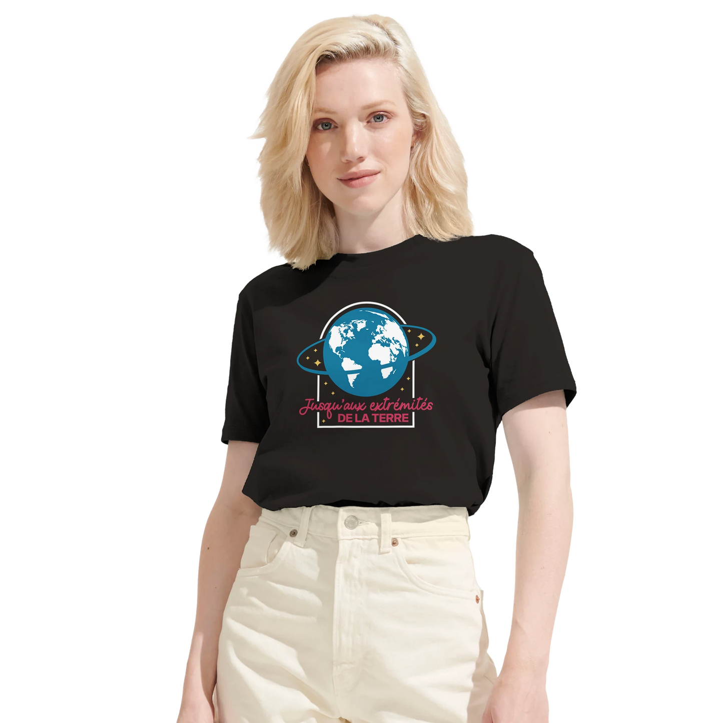 T-shirt chrétien femme en coton bio « Actes 1:8 » noir face