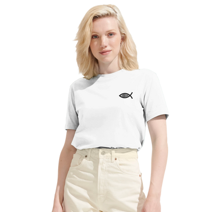 T-shirt chrétien femme brodé en coton bio « Ichthus » blanc face