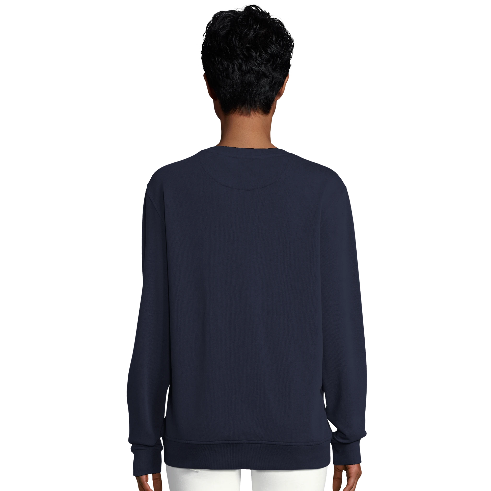 Sweat-shirt chrétien femme en coton bio « Sacré-Cœur » bleu marine dos