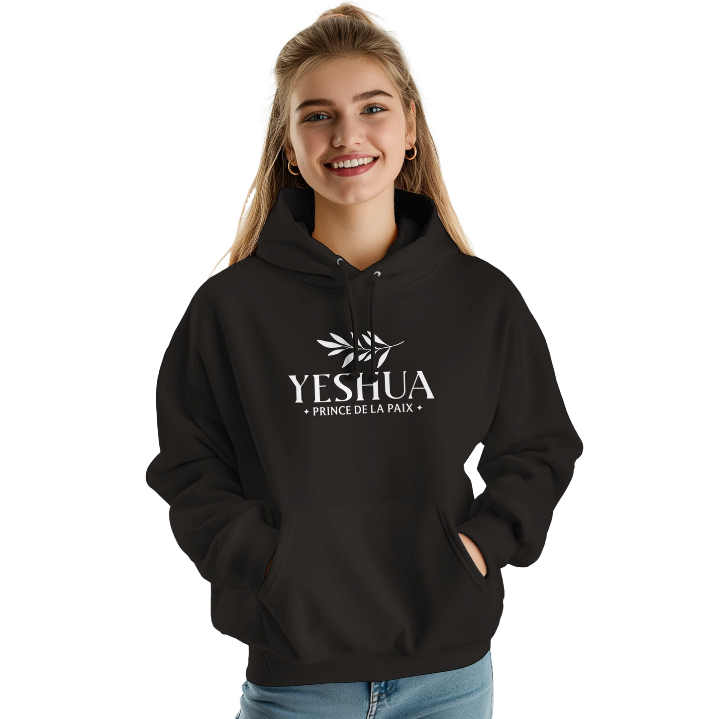 Sweat à capuche chrétien femme « Yeshua Prince de la Paix » noir face