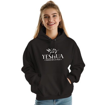 Sweat à capuche chrétien femme « Yeshua Prince de la Paix » noir face